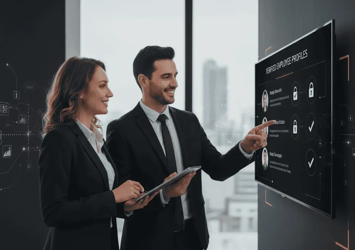 Two HR professionals reviewing verified employee profiles on a digital screen, representing eGuarded’s secure and accurate background screening services.